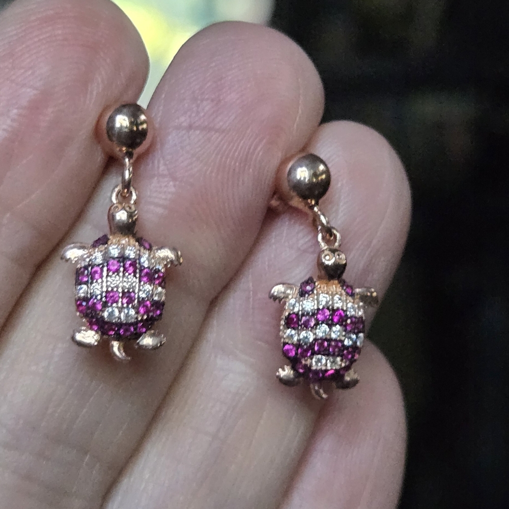 Ruby & white topaz Sterling & gold turtle earnings - Picture 1 of 13